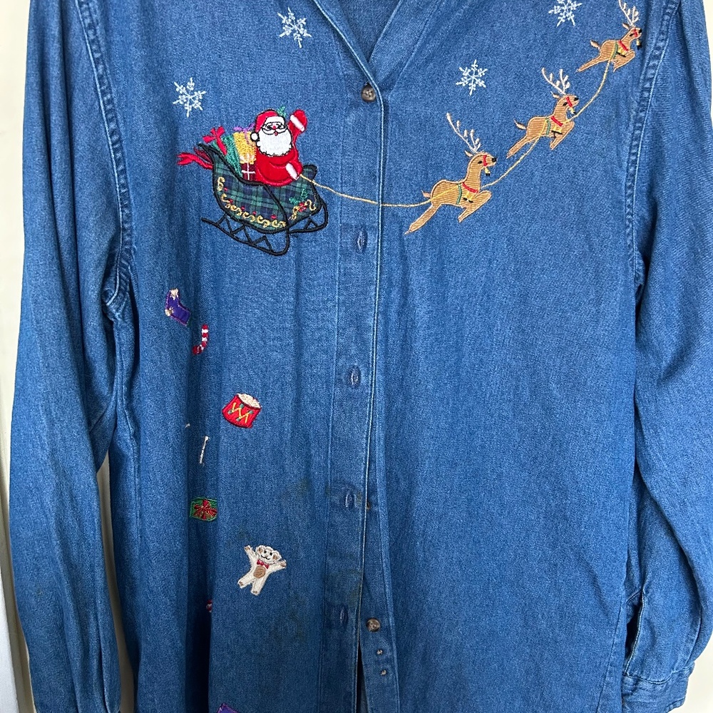 Denim‎ ladies Christmas Santa shirt Med embroidered long sleeve